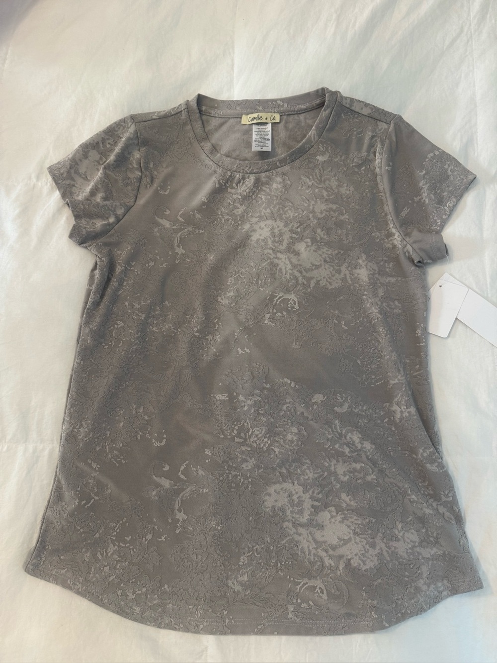 Camille &Co. Whimsigoth Gray capped sleeve Tee with textured floral design.